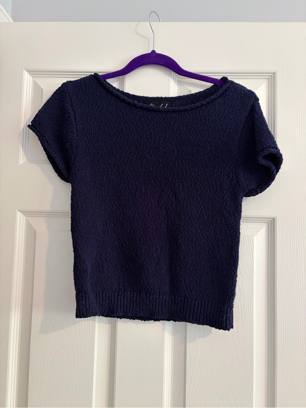 Marled Navy Short-Sleeve Crew Neck Sweater